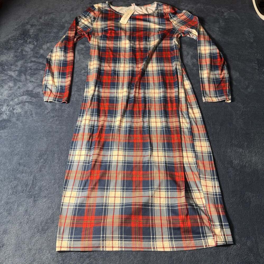 Order Plus Plaid Maxi Dress Size L Red Blue Tartan Long Sleeve